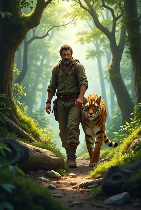 A man walks with a big cat in the woods