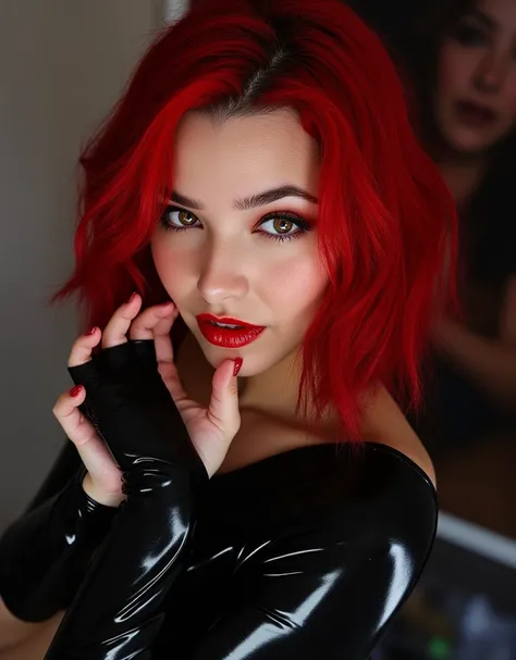 cute portrait of sexy girl with short red hair, latex outfit, red lip gloss, latex Halloween costume