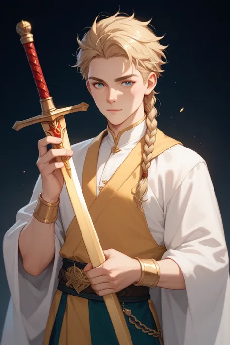 A 25-year-old blond haired and braided young man, with a big, golden sword in his hands