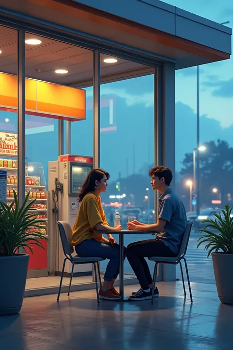 Glass front convenience store of a gas station with a couple sitting at a table talking