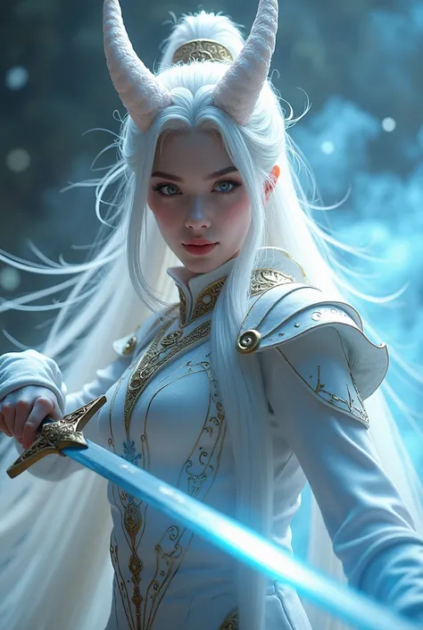 ( top quality,4K,8k, high definition ,  Masterpiece :1.2),  ultra detail, ( realistic ,photo realistic ,photo- realistic :1.37), Fearsome Knights White Dragon Goddess,   Most Beautiful Face in the Galaxy  , 輝く瞳,  dynamic pose,  threatening gaze , Flash Swo...