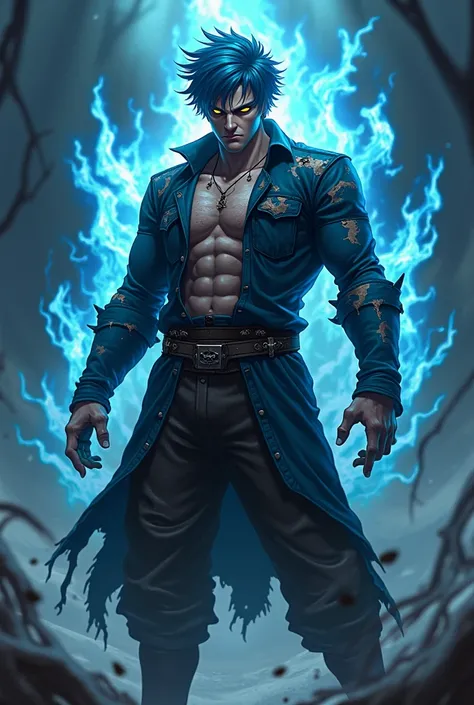 Badass , human , serious , horror radioactive black blue aura , destructive , blue hair , black eyes and gold pupils , broken clothes, aura , anime art , anime badass and big muscles