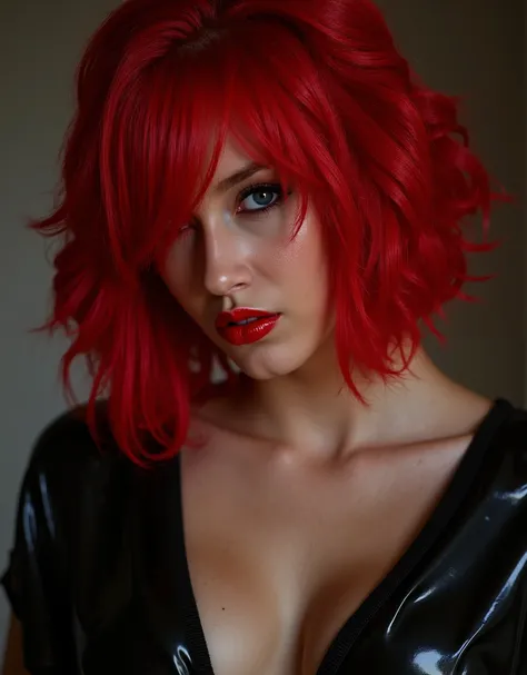 cute portrait of sexy girl with short red hair, latex outfit, red lip gloss, latex Halloween costume