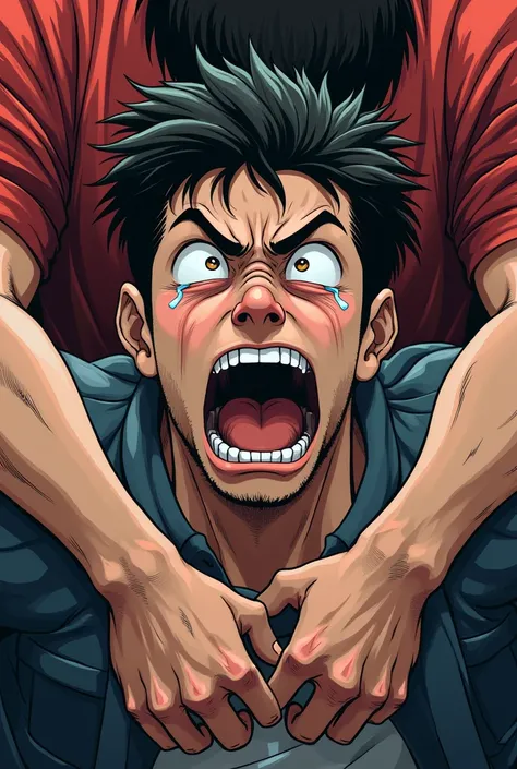 A man screaming with tears while two men restraining him with his both arm behind his back, anime art style, front view, zoom in, invisible two men, only their arms that restraining a screaming man was visible.