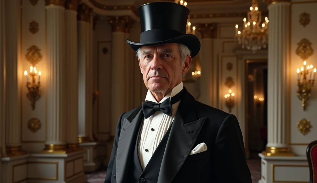 
An older Caucasian man with short gray hair wearing a 19th century style black tuxedo, a top hat and a bow tie in a formal ballroom