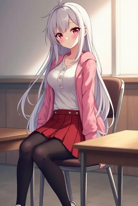 Anime girl sexy body white silver hair very red eyes with pink jacket and red skirt and black tights white sneakers sitting at the teachers table with long hair big breasts very beautiful looking into my eyes blushed 