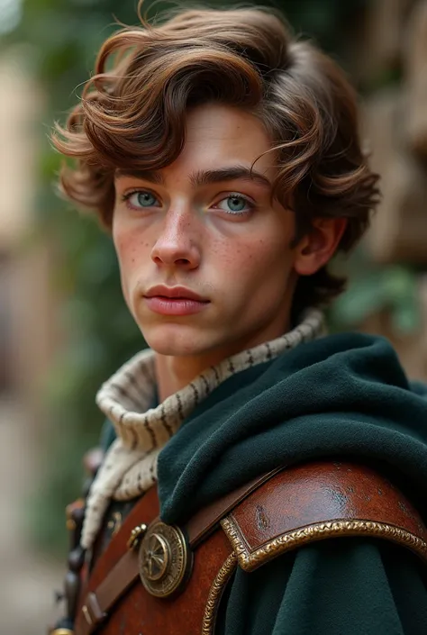 Young man with wavy brown hair,  has blue eyes and wears a medieval costume