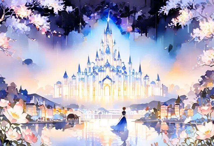 (((An elaborate watercolor painting depicting a sacred night landscape))),(((Soul Love ))),(( top quality ,masterpiece:1.5)),((Glass Castle)),(( diamond dust )),(( City of Blue Water )),(( Overall Bluish )),( Large Coloured Photons :1.5),( Splendid flowers...