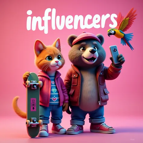 Cat in skater clothes,  holding a skateboard ,  next to a bear in a beret and leather jacket taking selfie, a macaw flying behind , Neon pink, 3d,  high resolution, Written on top of the image "influencers" 