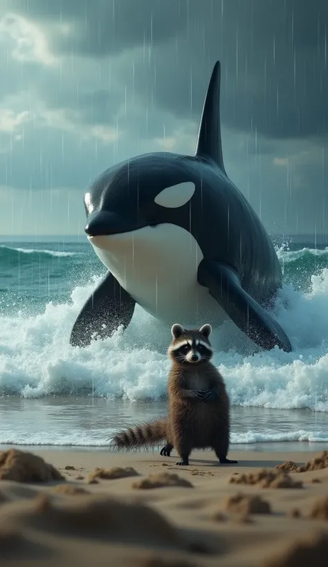 Movie scene, Orca in the ocean facing a raccoon in the sand, Storm raining a lot  ,strong winds, lens flares, light axes,  intricate details , high detailed,  volumetric lighting , 4K Rendering, Stock Photo, hyper-realistic,  Realistic textures ,  dramatic...