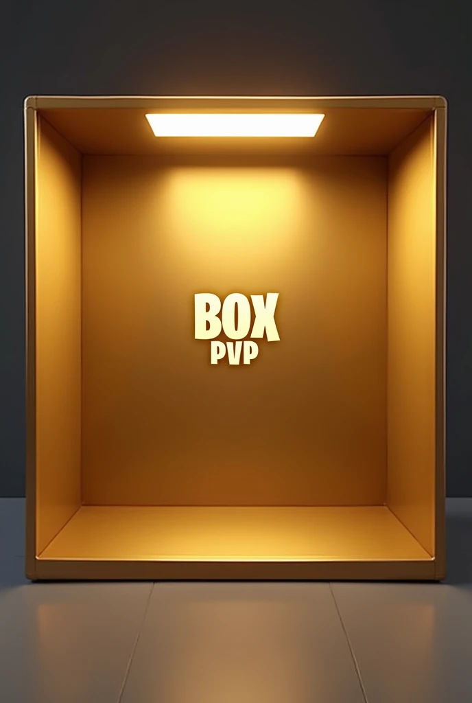 Create a cover for the Fornite game that is about a box and that you can only see the inside of the box and that the walls are gold and the brown floor and the gray ceiling and that shows in the middle a logo that says box pvp gold