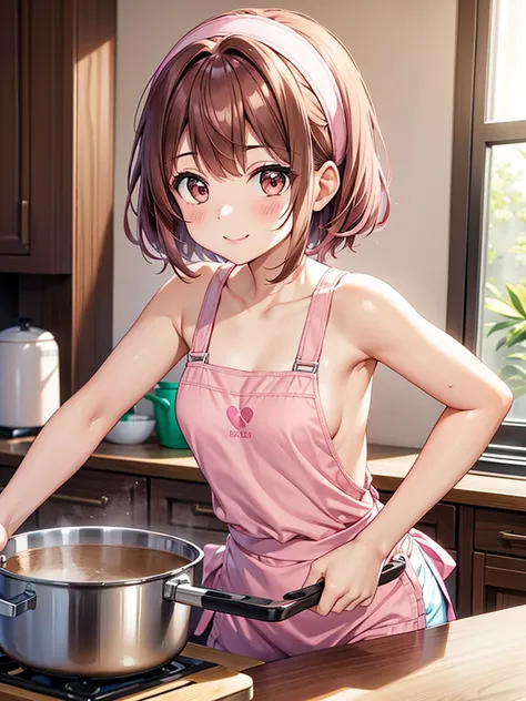 4K quality,cute,Brown Eyes, with brown hair,20-year-old female,solo, small breasts, pink sports bra , pink shorts, put a pink hair band on your head, Shorthair, open your mouth and smile ,Put on an apron,Cooking in the kitchen,