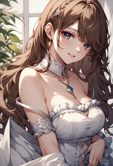  masterpiece 、 highest quality、 dark eyes, vestido ruffled,  long brown hair , bangs over the eye