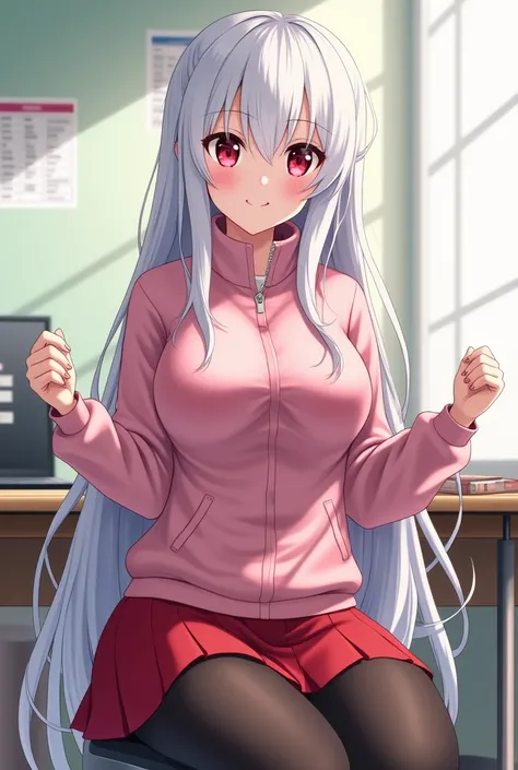 Anime girl sexy body white silver hair very red eyes with pink jacket or sweatshirt and red skirt and black tights white tennis teacher sitting at her desk of shoes long hair big breasts very beautiful 