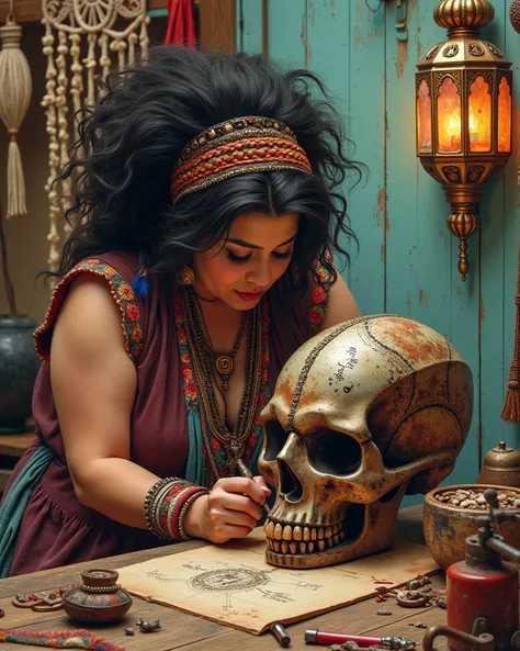 A stunning, plump female bohemian gipsy artist with a wild mane of curly hair and eclectic, layered clothing adorned with colorful fabrics, feathers, and trinkets, intensely focuses on carving a weathered, rusty Terminator model T-800 metal skull with her ...