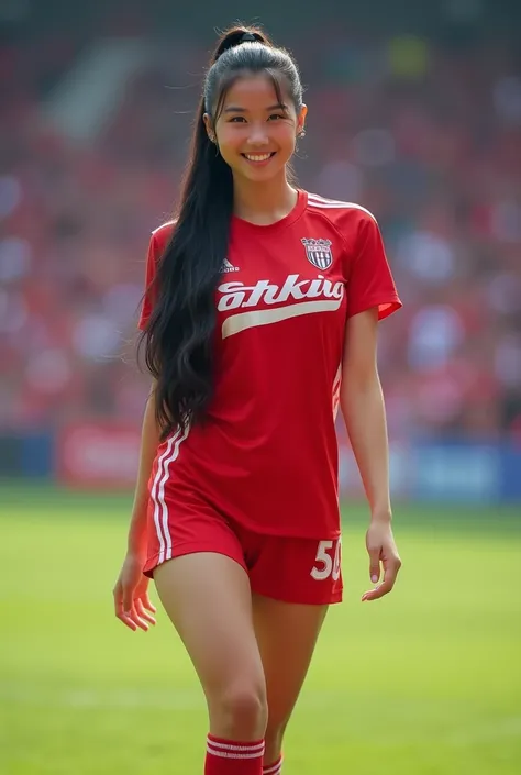  Asian woman intently looks straight at the viewer,Walking towards the viewer in a bright, cheerful, cute , sexy action in different poses on the most fashionable football field ,  a sparkling portland skin,  glazed tile skin , Red cheeks, Pink skin,  has ...