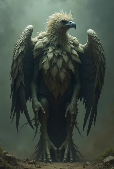 monstruo bíblico hecho de alas sin cuerpo de humano o ave ni cabeza ni rostro pero con  multiple legs  pequeñas de ave y manos que actúan como patas algunas atrofiadas, no chest, without arms,  pyramidal-shaped , pyramid of wings and feathers ,  multiple l...