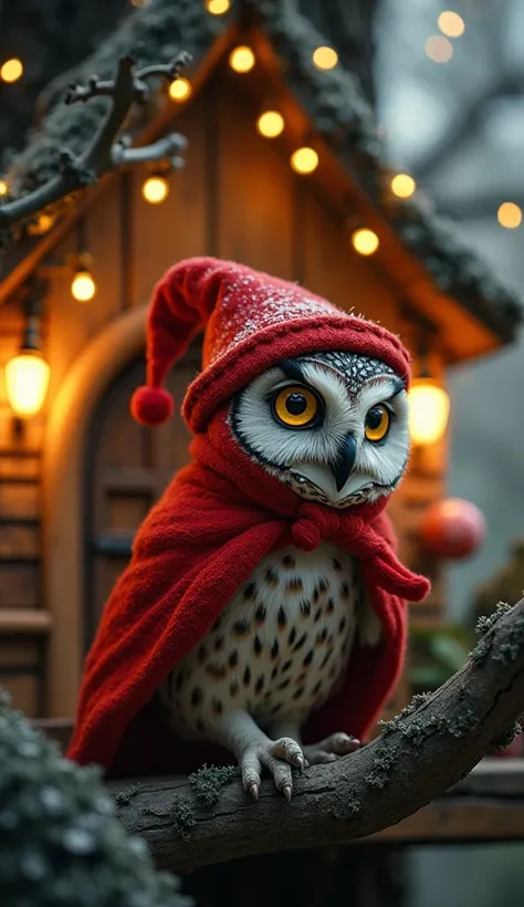 An owl dressed in a tiny red cloak and hat steps out of its treehouse, its golden eyes gleaming in the soft glow of Christmas lights, cinematic, drama, lighting, -ar 9:16.