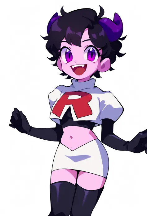 jellybean_yt, solo, looking at viewer, smile, short hair, open mouth, black hair, 1girl, white background, purple eyes, female focus, horns, teeth, colored skin, fangs, team rocket,team rocket uniform,white skirt,red letter R,crop top,black thigh-highs,bla...