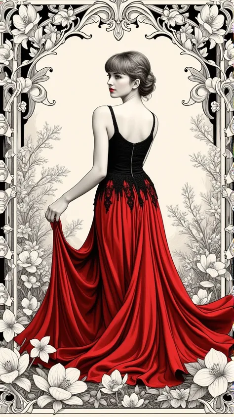 Create an exquisite breathtaking fascinating magical serialism fantasy illustration of a captivating woman inspired by the elegance of the 1920s, rendered in a stunning pen sketch style. The artwork should be in black and white, showcasing loose brushwork ...