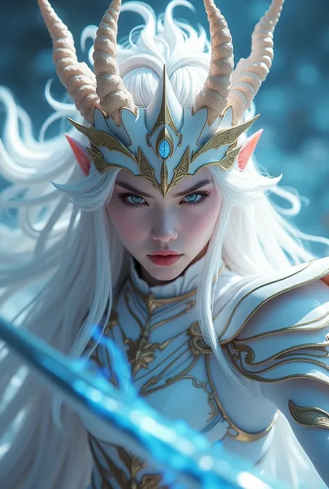 ( top quality,4K,8k, high definition ,  Masterpiece :1.2),  ultra detail, ( realistic ,photo realistic ,photo- realistic :1.37), Fearsome Knights White Dragon Goddess,   Most Beautiful Face in the Galaxy  , 輝く瞳,  dynamic pose,  threatening gaze , Flash Swo...