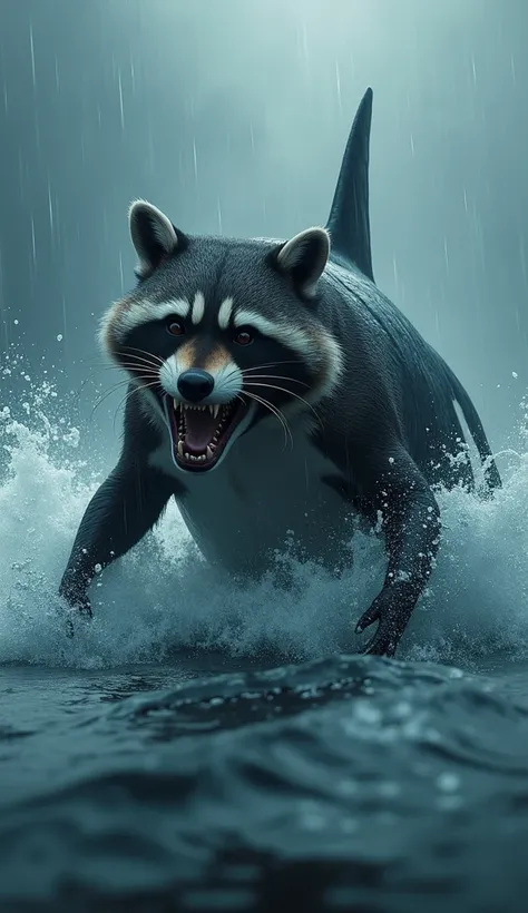 Movie scene,  A monstrous Hybrid Orca creature teaming up with raccoon in the sea, The creature has raccoon ears and the face of a monstrous raccoon . Storm raining a lot  ,strong winds, lens flares, light axes,  intricate details , high detailed,  volumet...