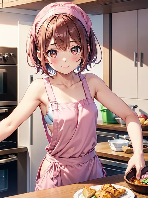 4K quality,cute,Brown Eyes, with brown hair,20-year-old female,solo, small breasts, pink sports bra , pink shorts, put a pink hair band on your head, Shorthair, open your mouth and smile ,Put on an apron,Cooking in the kitchen,