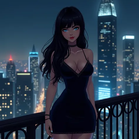 "Selara standing on a balcony at night , With the city lit up in the background.  She wears a tight black dress with shiny details and flowing straight black hair.  The blue eyes reflect the lights of the city ,  and the environment conveys mystery and gla...