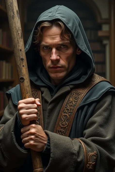  image of Michael Keaton as a young man dressed as a medieval scholar with a club