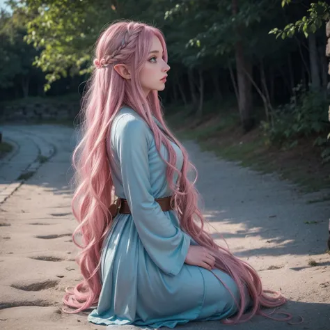 Woman, long wavy hair, blue eyes, pink hair, elf, full body, profile, character design, 