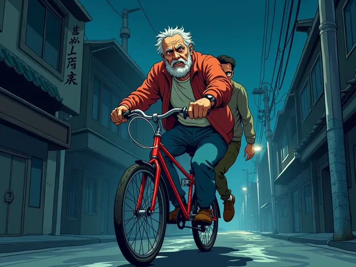 The male passenger of the old man Bike Driver and the old man Bike Driver coughed violently. The passenger looked suspicious. at midnight. [Cartoon Anime]