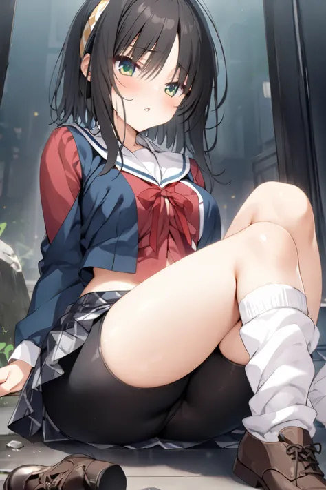 NSFW,masterpiece, top quality , high res, very detailed,Hitachi Mako 、Yuzu Soft、 black hair、 medium hair、Green Eyes、 、 medium bust、 School Uniforms、side lock、short hair and long rock 、 headband、Tassel、 white sailor color 、 blue jacket、 cropped jacket 、Slee...