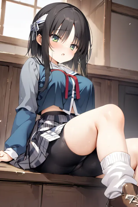 NSFW,masterpiece, top quality , high res, very detailed,Hitachi Mako 、Yuzu Soft、 black hair、 medium hair、Green Eyes、 、 medium bust、 School Uniforms、side lock、short hair and long rock 、 headband、Tassel、 white sailor color 、 blue jacket、 cropped jacket 、Slee...