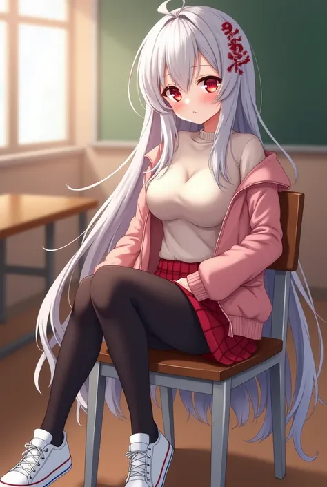 Anime girl sexy body white silver hair very red eyes with red skirt black tights white sneakers and a sweater shows a pink jacket sitting on a teachers chair looking into my eyes blushed with cheeks long hair big breasts very beautiful 