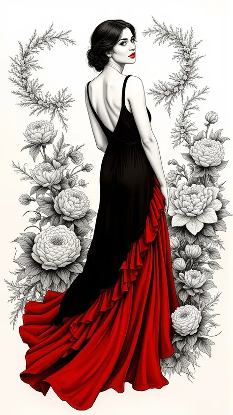 Create an exquisite breathtaking fascinating magical serialism fantasy illustration of a captivating woman inspired by the elegance of the 1920s, rendered in a stunning pen sketch style. The artwork should be in black and white, showcasing loose brushwork ...