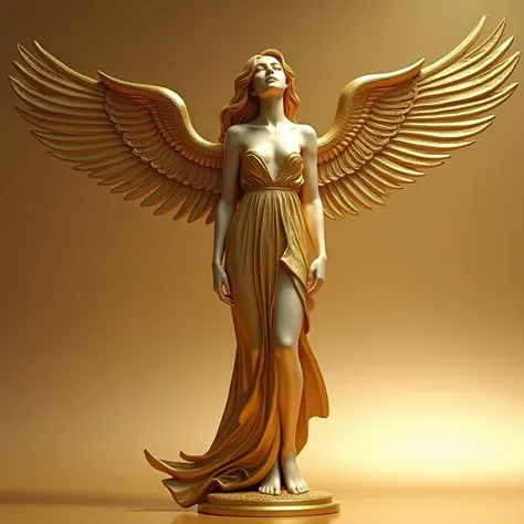  An elegant gold sculpture of a woman who only covers her body with a robe around her waist, y has wings .