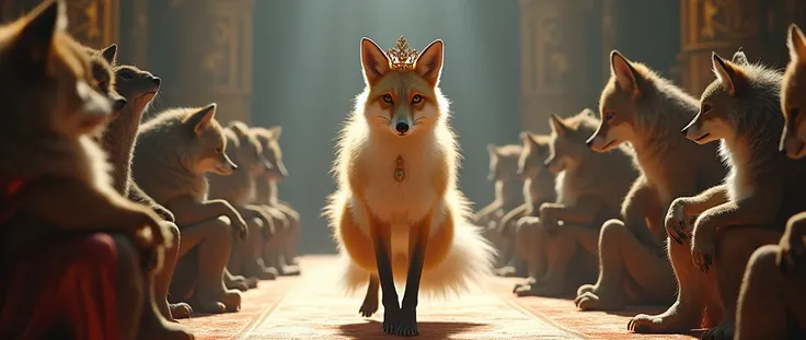 LEGENDARY FOX WITH CROWN ON THE RUNWAY, WHILE WOLVES , Gladiators, SCORPIONS,  elephants , koalas , SQUIRRELS WATCH THE AUDIENCE  