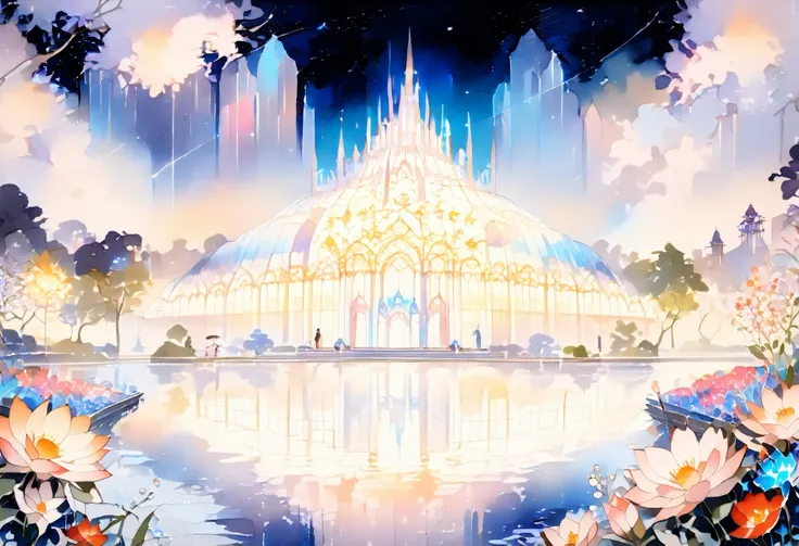(((An elaborate watercolor painting depicting a sacred night landscape))),(((Soul Love ))),(( top quality ,masterpiece:1.5)),((Crystal Palace)),((Space Song )),(( City of Blue Water )),(( Overall Bluish )),( Large Coloured Photons :1.5),( Splendid flowers ...