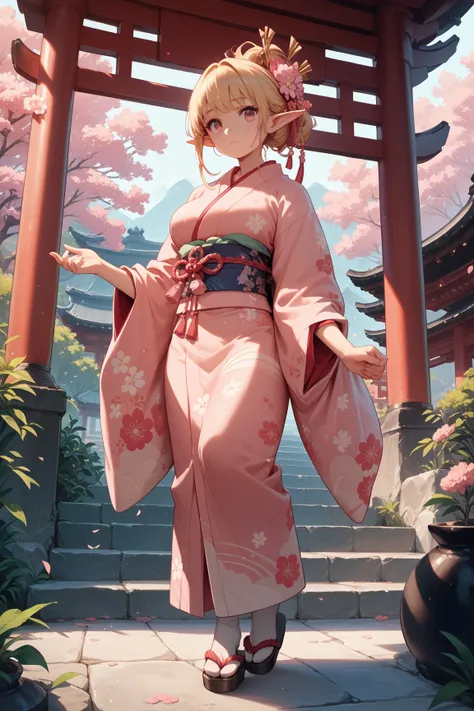 A cute half-elf lady She has vary long bright blonde hair and pink tips, pink eyes. large breasts,She has freckles, solo focus, full body , pink japanese clothes, kimono, at ZEN garden in Japanese temple,