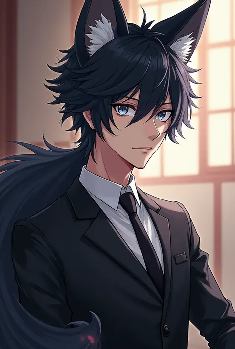 Kitsune male  ,  black hair,  slim but strong build, Semi-formal oil,  gray eyes ,  anime style 