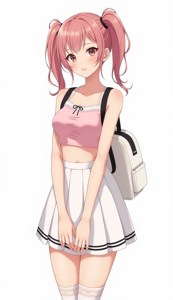 Anime adolescent woman with long loose hair with two pigtails in shades of pink wears a short top in pastel pink and showing her abdomen and with an elegant and feminine design. It has thin straps and a white lace trim on the upper part that adds a romanti...