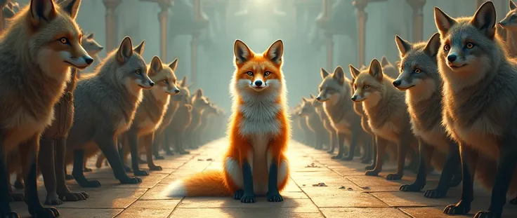 LEGENDARY FOX STANDING ON THE RUNWAY, WHILE WOLVES , Gladiators, SCORPIONS,  elephants , koalas , SQUIRRELS WATCH THE AUDIENCE  