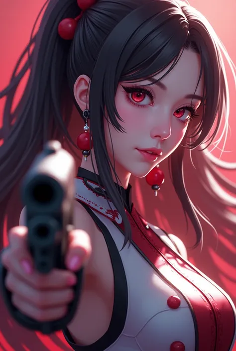 a close up of a woman in a costume holding a gun, a portrait inspired by Pu Hua, trending on cg society, fantasy art, onmyoji detailed art, onmyoji, mobile legends, splash art anime loli, astri lohne, onmyoji portrait, xianxia hero, queen of the sea mu yan...