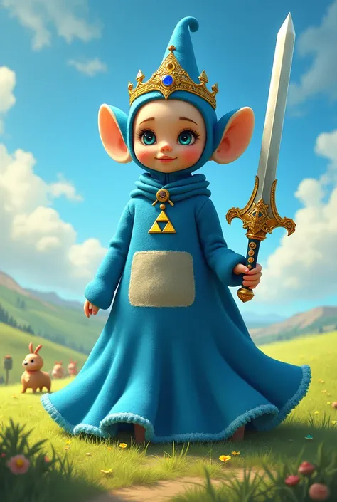 Princesse teletubbies avec une robe bleu et une couronne, le symbole de la triforce et une épée 