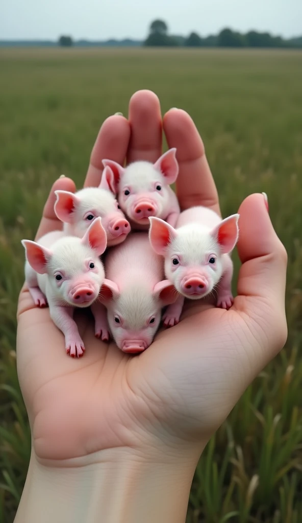 ** Five piglet puppies ,  with smooth, realistic pink fur ,  are nestled in the palm of a gigantic human hand ,  completely visible and full of details ,  while the background is a rural open field landscape .  The little pigs have soft coats and small, de...