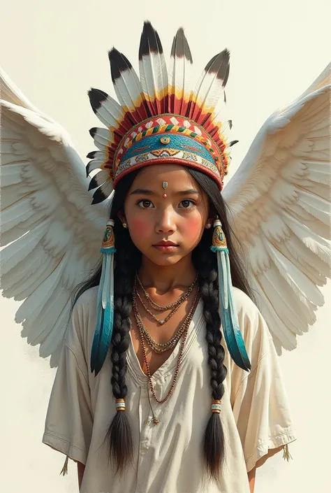  Face drawing of an indigenous girl with a headdress, with behind it a white heron with its wings spread