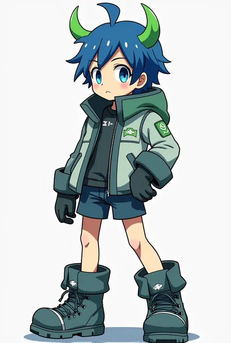 A boy with blue hair and green highlights ,  with two alien antennas on his head ,  a collarless jacket and gloves such as warmers ,  a shorts and warmers with boots dressed in frugiter aero style in anime style