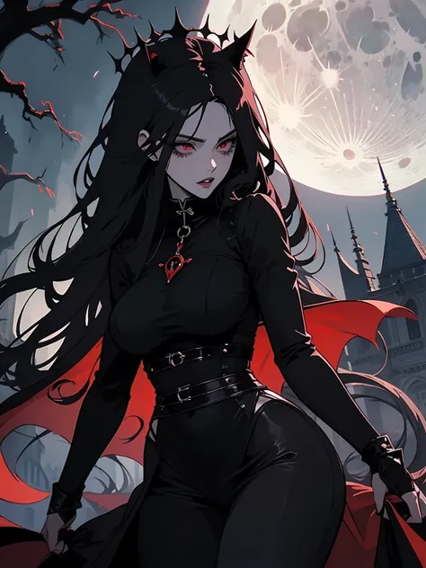 Vampire Girl anime style,  long, smooth shiny black hair ,  deep, penetrating red eyes ,  pale skin with a slight pinkish tint , full lips and dark red ,  sharp and highlighted canine teeth .  curvaceous and elegant body .  Background of a shady castle wit...