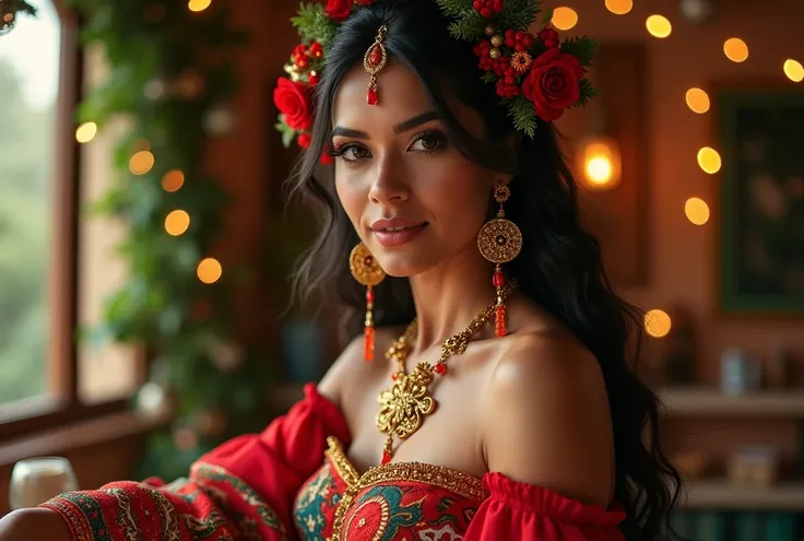  create a Christmas image that serves as a background for background music, Include in the image a beautiful woman , in a festive and homely atmosphere in Latin America
