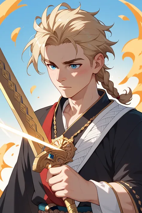 A 25-year-old blond haired and braided young man, with a big, golden sword in his hands